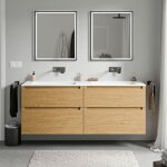 Bernstein - meuble double vasque suspendu salle de bain mdf ch�ne miel, lavabos fonte min�rale blanc ...