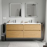 Bernstein - meuble double vasque suspendu salle de bain mdf chêne miel, lavabos fonte minérale blanc ... Bernstein - meuble double vasque suspendu salle de bain mdf chêne miel, lavabos fonte minérale blanc ...