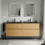 Bernstein - meuble double vasque suspendu salle de bain mdf ch�ne miel, lavabos fonte min�rale noir mat ...