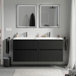Meuble double vasque suspendu salle de bain mdf noir mat, lavabos fonte minrale blanc mat + trous robinet, ...