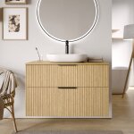 Bernstein - meuble sous vasque lave - main suspendu mdf ch�ne stri� 100x46x62cm plan lavabo blanc brillant ...