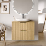 Bernstein - meuble sous vasque lave - main suspendu mdf ch�ne stri� 80x46x62cm 2 tiroirs, plan lavabo ...