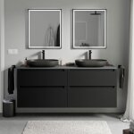 Bernstein - meuble sous vasque suspendu salle de bain mdf noir mat, plan vasque anthracite mat, tiroirs ...