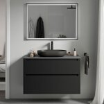 Bernstein - meuble sous vasque suspendu salle de bain mdf noir mat, plan vasque anthracite mat, tiroirs ...