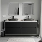 Bernstein - meuble sous vasque suspendu salle de bain mdf noir mat, plan vasque blanc mat, tiroirs passe ...