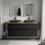 Bernstein - meuble sous vasque suspendu salle de bain mdf noir mat, plan vasque ch�ne miel, poign�e m�tal ...