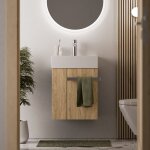 Meuble vasque lave - main chne miel 45x35x50cm (lxpxh) 1 tiroir + rangement gauche + poigne chrome ...