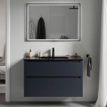 Meuble vasque lave - main suspendu mdf bleu nuit mat 80x46x62cm 2 tiroirs, lavabo cramique noir + bonde ...