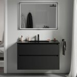 Meuble vasque lave - main suspendu mdf noir mat 80x46x62cm 2 tiroirs, lavabo cramique noir + bonde pop ...