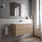 Bernstein - meuble vasque suspendu mdf chêne miel, lavabo fonte blanc mat sans trou robinet - 100x46x50cm ... Bernstein - meuble vasque suspendu mdf chêne miel, lavabo fonte blanc mat sans trou robinet - 100x46x50cm ...