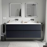 Bernstein - meuble vasque suspendu salle de bain mdf bleu nuit mat, lavabo fonte minrale blanc mat sans ...
