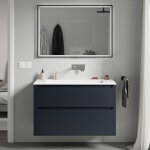 Meuble vasque suspendu salle de bain mdf bleu nuit mat, lavabo fonte minrale blanc mat sans trou robinet, ...