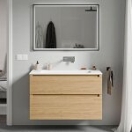Bernstein - meuble vasque suspendu salle de bain mdf chne miel, lavabo fonte minrale blanc mat sans ...