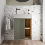 Meuble vasque vert jade mat de salle de bain 55x24x59cm (lxpxh) 1 porte  gauche + 2 cases rangement ...