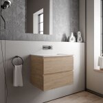 Meuble vasque suspendu salle de bain mdf chne miel, lavabo fonte minrale blanc mat, sans trou robinet ...