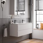 Meuble double vasque suspendu salle de bain mdf blanc mat, lavabos céramique blanc brillant + trous robinets, ... Meuble double vasque suspendu salle de bain mdf blanc mat, lavabos céramique blanc brillant + trous robinets, ...