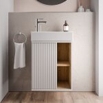 Meuble vasque blanc mat de salle de bain 55x24x59cm (lxpxh) 1 porte  gauche + 2 cases rangement - beldivo ...
