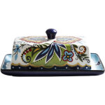 Beurrier en c�ramique avec couvercle, assiette � dessert et bo�te � fromage