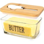 Beurrier avec couvercle en bambou, bocal en verre herm�tique avec couvercle et spatule, coloris original ...