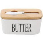 Beurrier en porcelaine avec couteau et couvercle en bois pour 250 g blanc 16, 5 x 10 x 7, 5 cm