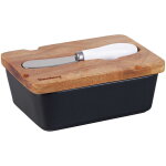 Beurrier en porcelaine noire avec couteau, couvercle en acacia, klausberg kb - 7784