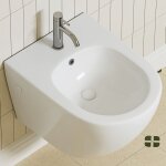 Bidet mural sans rebord avec trou pour robinet et protection anti - débordement en céramique blanche ... Bidet mural sans rebord avec trou pour robinet et protection anti - débordement en céramique blanche ...