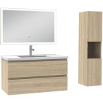 Biubiubath - ensemble meuble de salle de bain 100cm, vasque céramique + colonne haut + miroir lumineux, ... Biubiubath - ensemble meuble de salle de bain 100cm, vasque céramique + colonne haut + miroir lumineux, ...