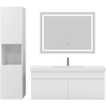 Biubiubath - ensemble meuble de salle de bain 100cm, vasque c�ramique + colonne + led miroir, blanc