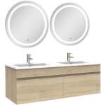 Biubiubath ensemble de meuble salle de bain 120cm ch�ne double vasque + deux miroir lumineux rond