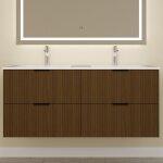 Biubiubath meuble de salle de bain suspendu 120 cm noyer avec 4 tiroirs + vasque double en c�ramique