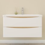 Biubiubath meuble de salle de bain suspendu brillant 100 cm avec vasque + 2 tiroirs, blanc et ch�ne