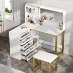 Vanity desk blanc avec mirror led et 3 color dimmable, coiffeuse d'angle en l, makeup desk avec 5 tiroirs ...