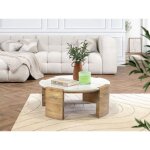 Bobochic - table basse ronde d. 85 cm torvi plateau marbre et pieds bois massif de manguier clair