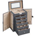 Bote  bijoux 6 niveaux, crin  accessoires, coffre, 5 tiroirs, miroir, serrure, rangement bijoux, ...