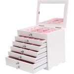 Bote  bijoux en bois pour femme avec miroir, grande bote  bijoux avec couvercle en verre, 7 niveaux, ...