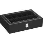 Bo�te � montres � 12 emplacements, coffret � montres, �crin, couvercle en verre, coussinets amovibles, ...