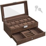 Bote  montres, coffret  montres, couvercle en verre, crin  2 niveaux, 12 montres, verrouillable, ...