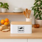 Boite a pain avec couvercle en bambou - design retro boitier en metal