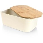 Bote  pain spacieuse de couleur crme avec planche  dcouper en bambou