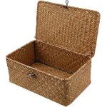 Bo�te de rangement en osier tress� avec couvercle, panier rectangulaire en jonc de mer, �tag�re en rotin ...