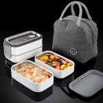 Boite repas en acier inoxydable avec sac isotherme repas, 1400ml 2 couches lunch bento box pour pique ...