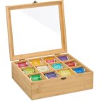 Bo�te � th�, 12 compartiments, rangement sachets, bambou, avec fen�tre, h x l x p : 11 x 32 x 28 cm, ...