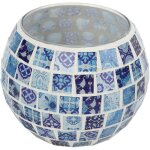 Bougeoir photophore en mosaque de verre bleu et blanc, motifs floraux, romantique et chaud, texture artisanale ...