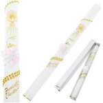 Une bougie de bapt�me pour fille avec une fleur rose et des d�corations dor�es.