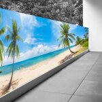 Lumal�a - brise vue trompe l'oeil - 80x300 cm - plage mer palmiers - recto imprim� / verso blancb�che ...