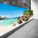 Brise vue trompe l'oeil - 80x320 cm - vue plage mer palmiers - recto imprim� / verso blancb�che pleine ...