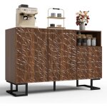 Buffet 120  40  78, 5 cm, noyer fonc vein de feuilles en relief ? pieds en mtal, 2 portes et 2 tiroirs ...