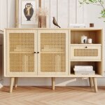 Buffet 120x40x80 cm, avec 2 portes en rotin, 1 tiroir, pieds en bois massif, poignées en métal noir, ... Buffet 120x40x80 cm, avec 2 portes en rotin, 1 tiroir, pieds en bois massif, poignées en métal noir, ...
