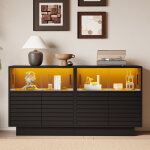 Buffet 130x35x68 cm, meuble de salon avec �clairage led, 2 armoires, 4 compartiments, porte vitr�e, meuble ...