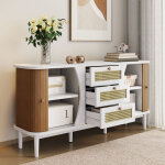Buffet 140. 5x40x76cm 2 portes coulissantes et 3 tiroirs en rotin pieds en bois panneau de particules ...